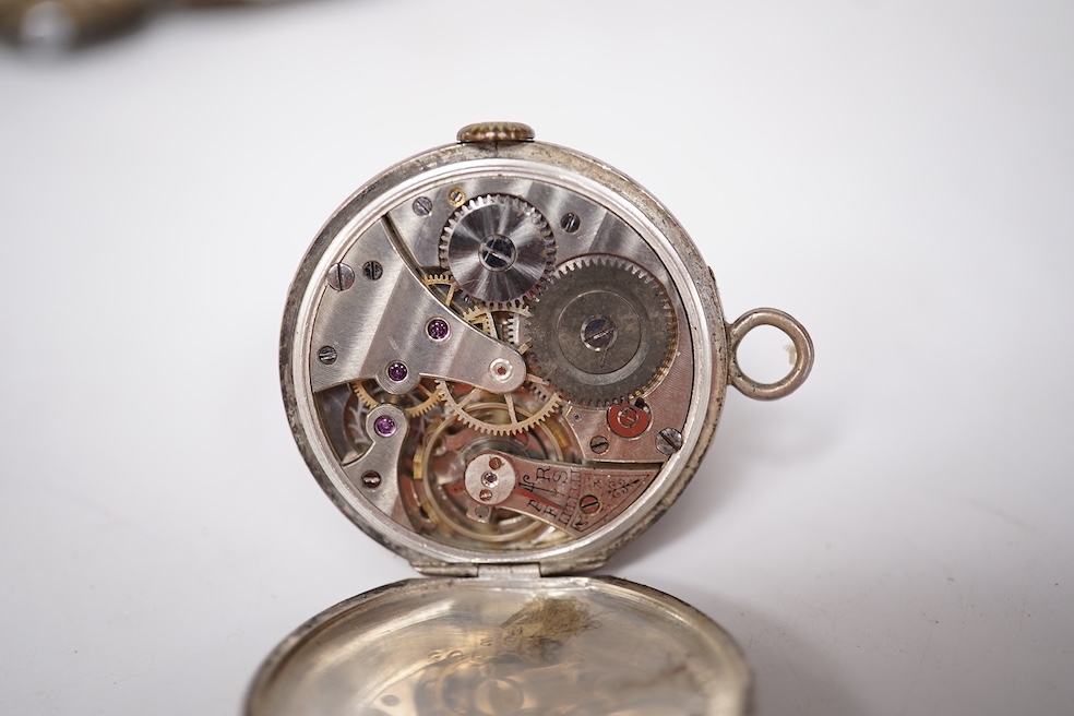 An early 20th century silver Borgel cased manual wind wrist watch(a.f.), one other similar silver half hunter manual wind wrist watch(no strap) and one other similar with a strap. Condition - poor